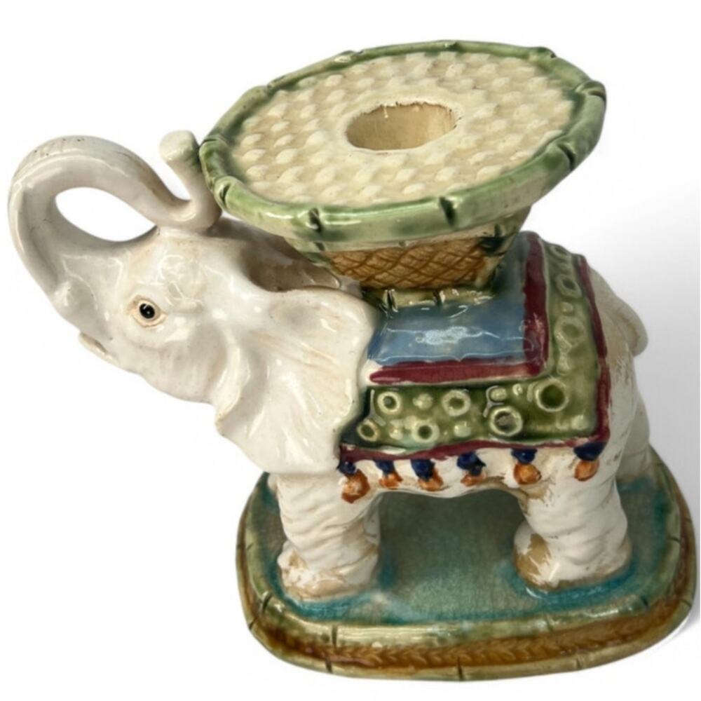 Vintage Handmade Ceramic Elephant Candle Holder Statue Hand Painted  Signed
